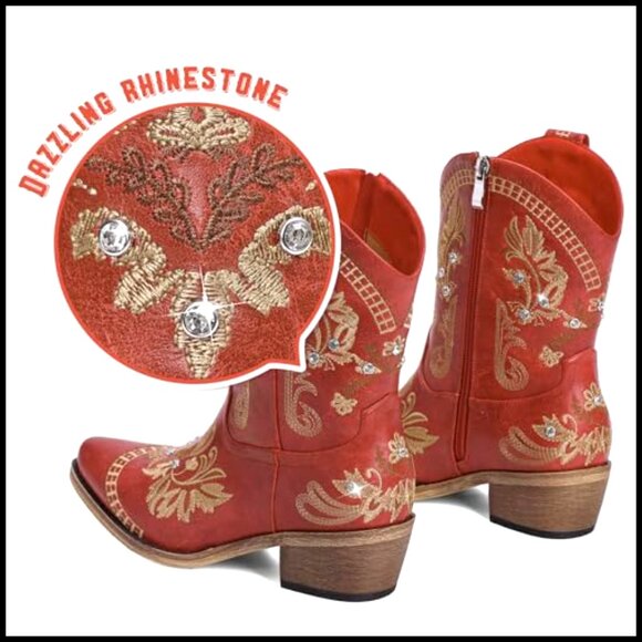 Women's Western Cowboy Boots Rhinestone Embroidered Ankle Booties Chunky Heel - Picture 4 of 7
